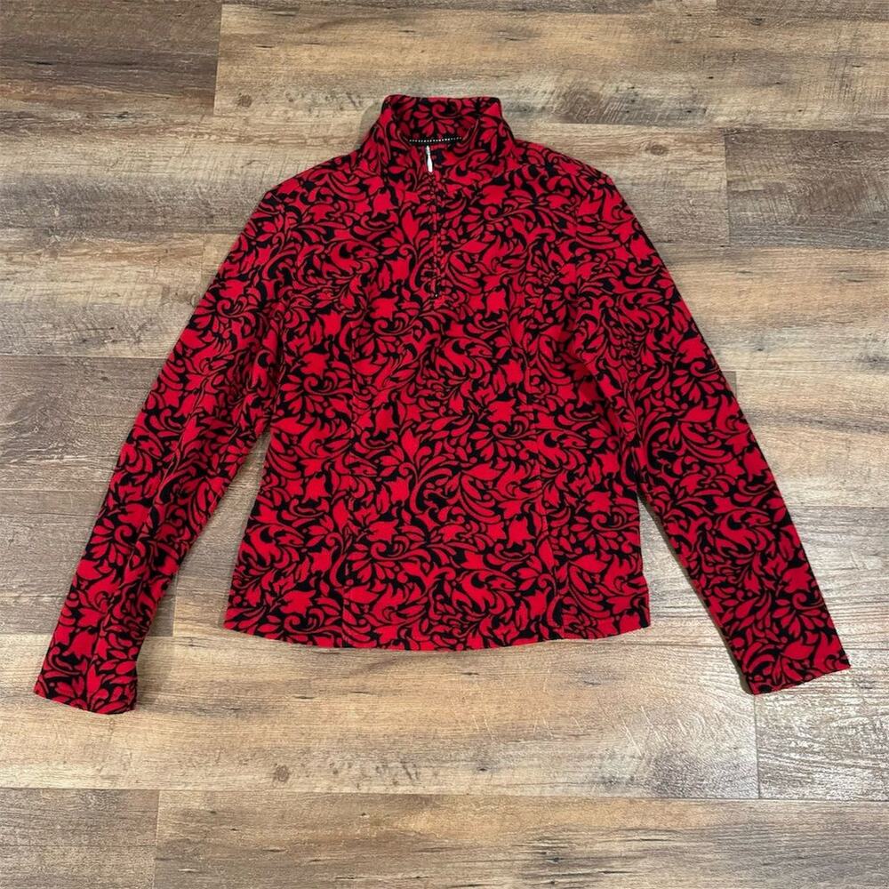 Coldwater Creek Women's Floral Fleece Quarter Zip Christmas Holiday Red Size S